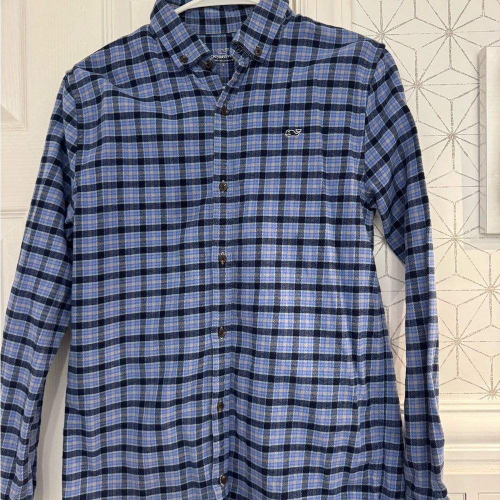 Boys Vineyard Vines Blue Plaid Flannel Shirt | Size L